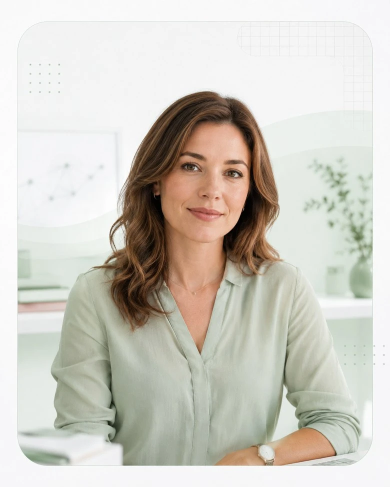 Editorial portrait of a woman in a calm, light workspace